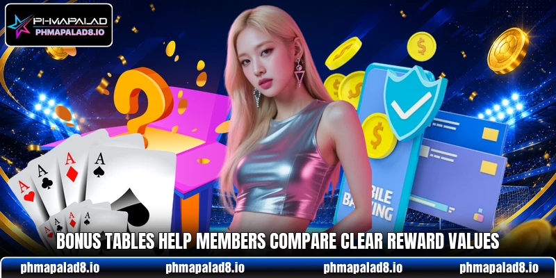 Bonus tables help members compare clear reward values Bonus tables help members compare clear reward values