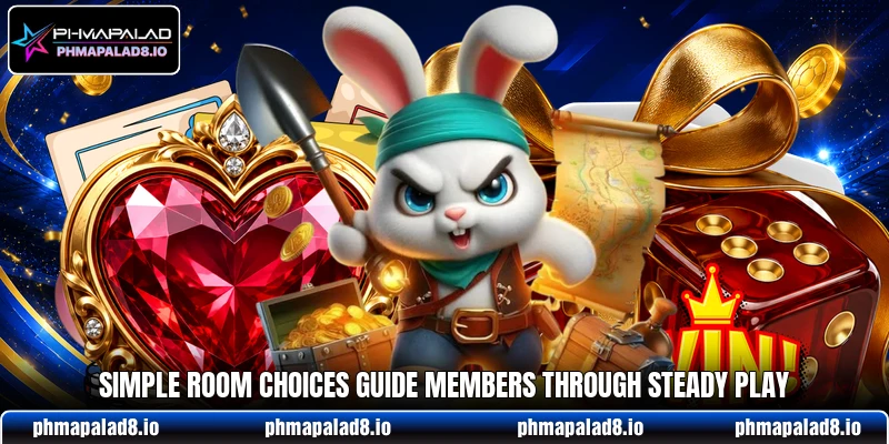 Simple room choices guide members through steady play Simple room choices guide members through steady play